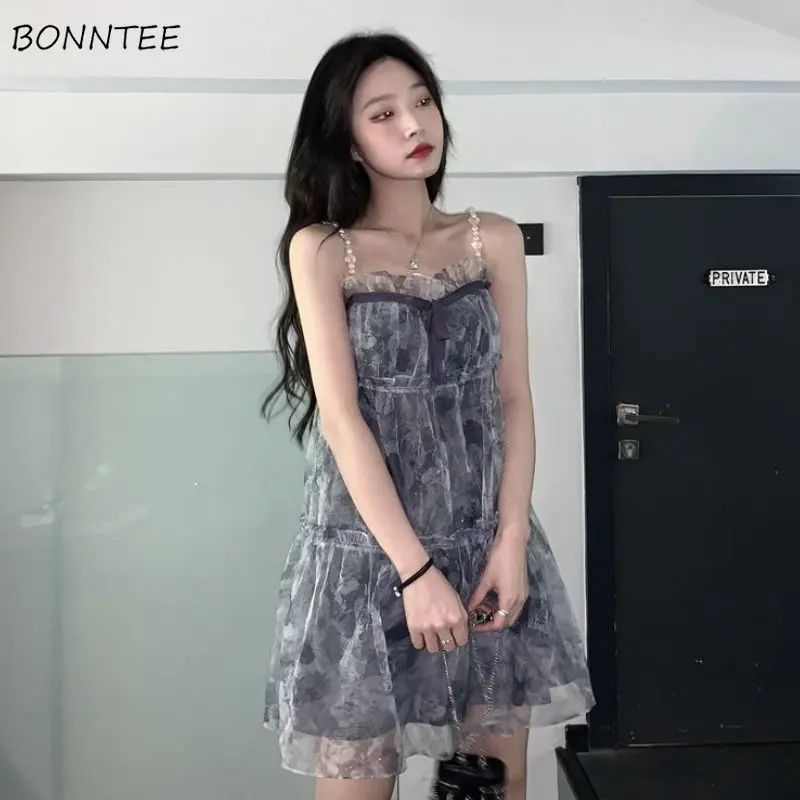 

Женские летние платья без рукавов с принтом, милые универсальные повседневные уличные платья в стиле Харадзюку, сетчатая Эстетическая одежда, модная женская одежда