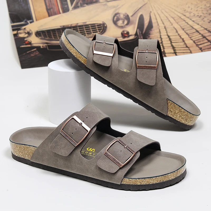 Brown Classic Buckle Cork Slides Slippers For Men Slippers