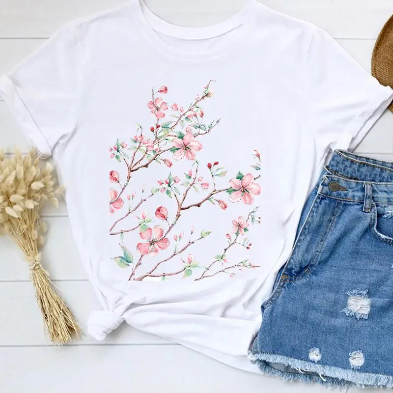

Женская модная одежда в стиле 90-х с цветочным принтом, летняя стильная одежда с коротким рукавом, Повседневная футболка, топ, футболка с граф...