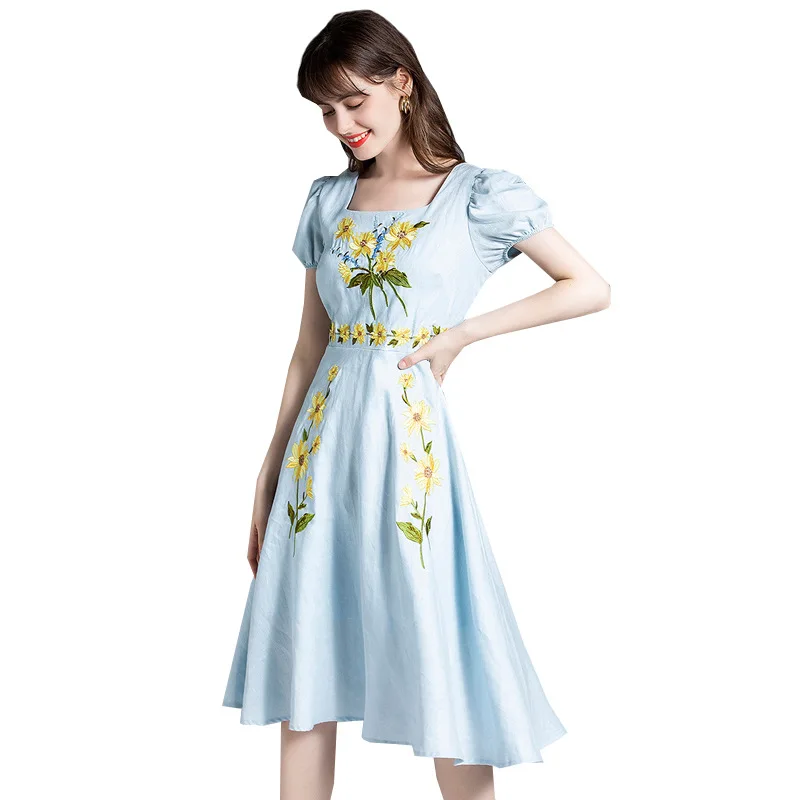 

Summer Women's Dresses Square Neck Vintage Sunflower Embroidered Puff Sleeve Midi Dress Bodycon Dress Dress Women