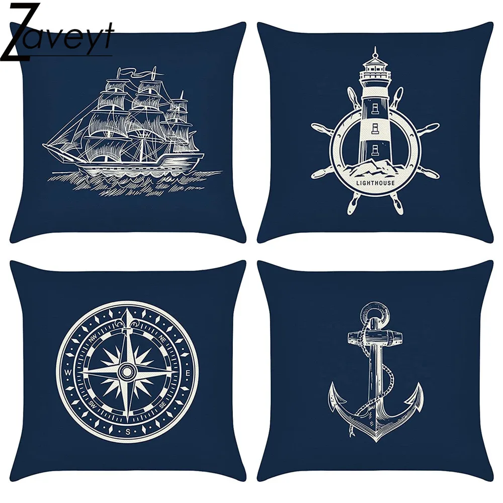 Nautical Blue Pillow Covers 18x18 Inch Anchor Lighthouse Sai