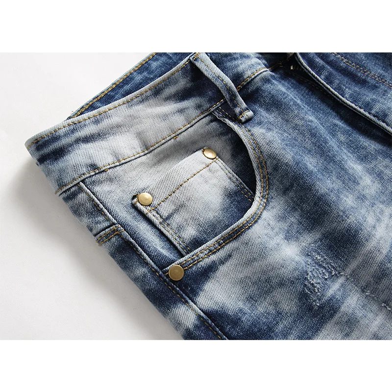 Fashion Streetwear Men Jeans Hole Patch Embroidery Nostalgic Elastic Small Straight Ripped Jeans Full Length Denim Pants