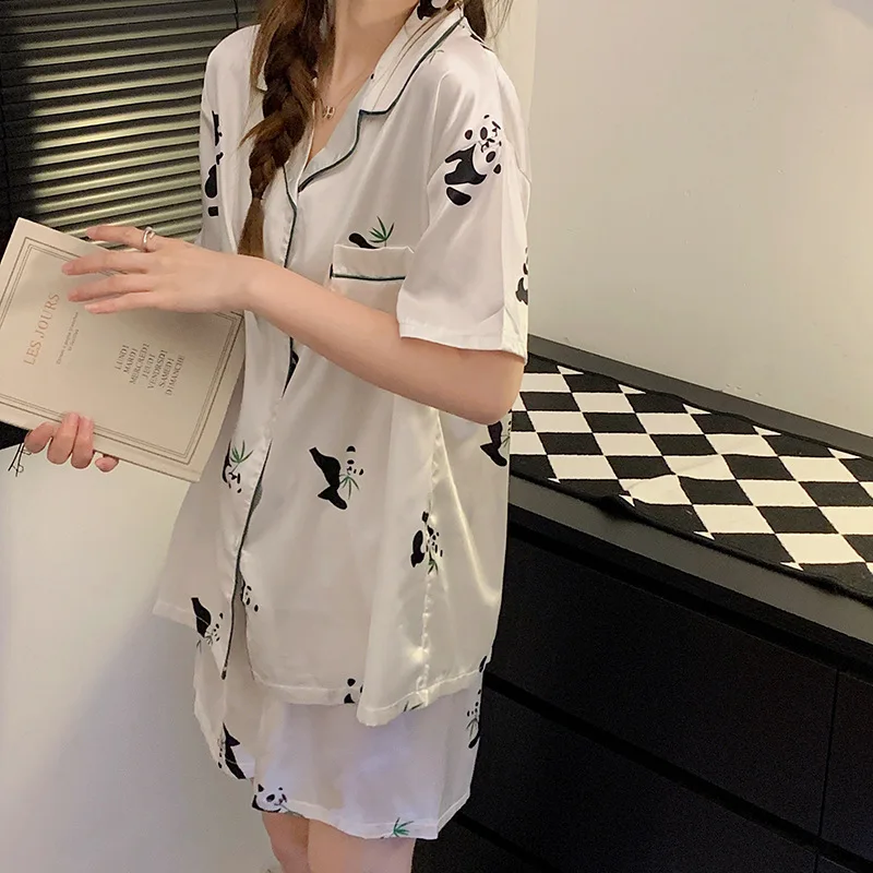 Ice Silk Pajamas Ladies New Summer Cardigan Short Sleeve Shorts Cute Panda Can Outerwear Homewear Suit