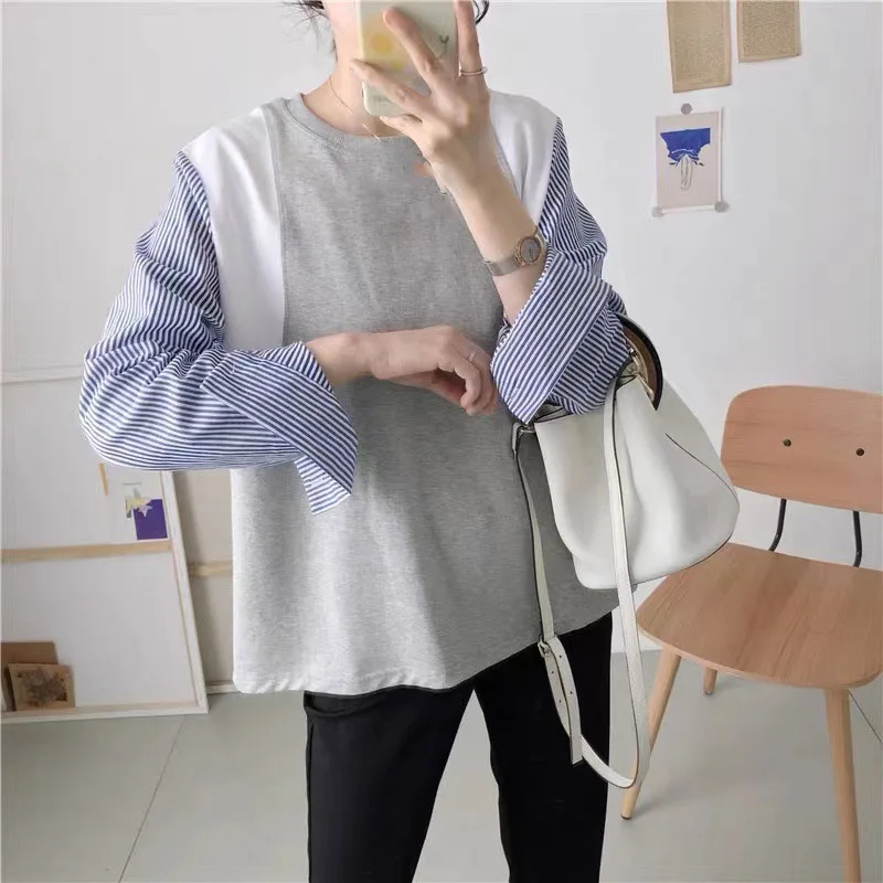 

Women's T-Shirt Stitching Loose Round Neck Pullover Cotton Long-sleeved T-shirt Simple Japan Korean Women's Spring Autumn Tops
