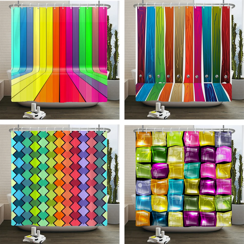 

Rainbow Colorful Shower Curtain Bathroom Bathtub Art Geometric Stripe Waterproof Polyester Bath Curtain Home Decor with Hooks