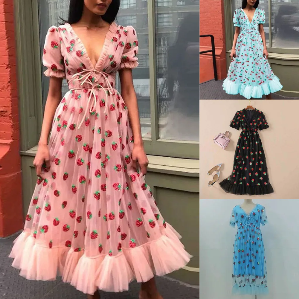 

Женское летнее платье с глубоким V-образным вырезом и буффами на рукавах