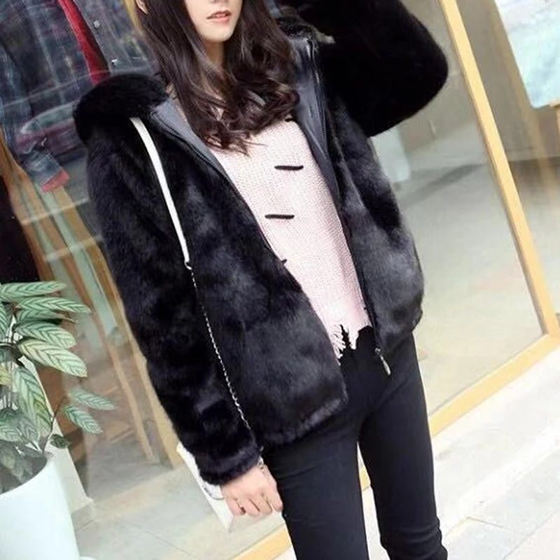 Rabbit Imitation Fur Winter Grass Mink Faux Fur Coat Ladies Artificial Fur Hooded Soft women girl Women's Jacket top cute girl