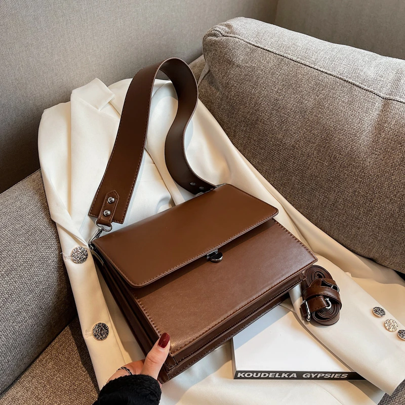 

Ladies Flap Shoulder Bag Wide Strap Ladies Messenger Bag Solid Color Leather Retro Styling Bag Double Layer Women's Bag