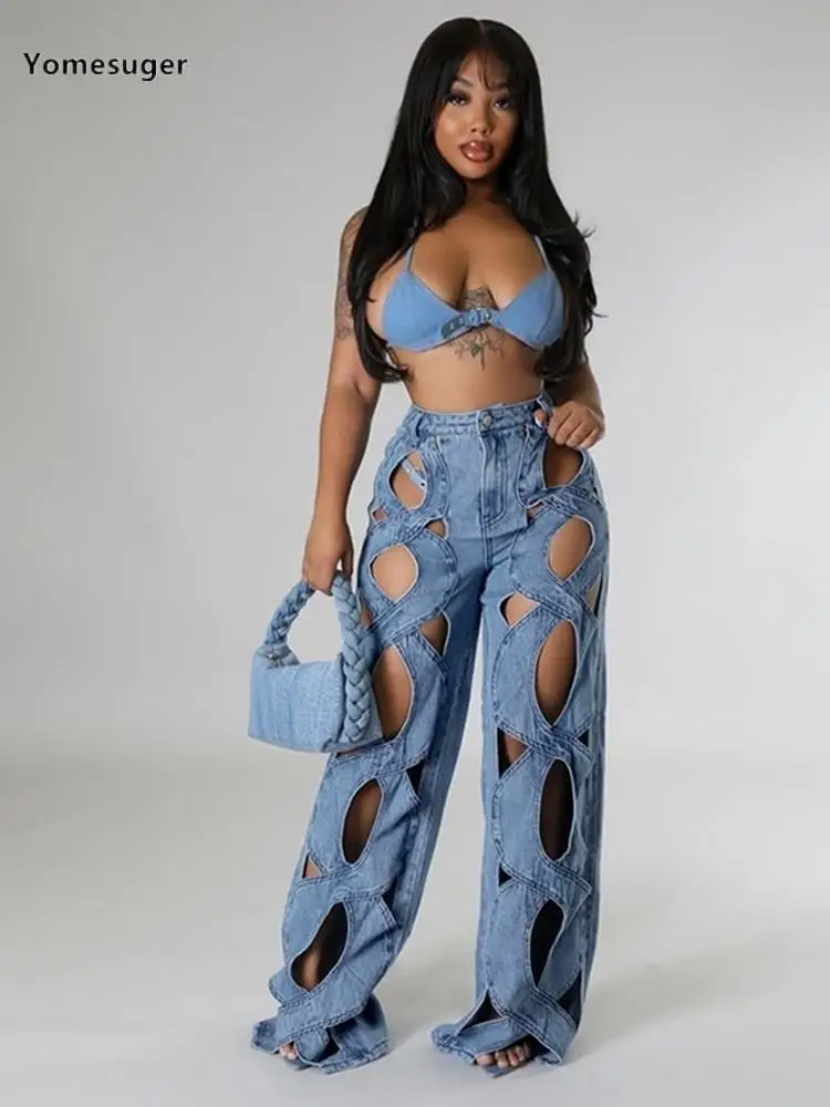 

Yomesuger Fashion Cross Hollow Out Wide Leg Denim Pants Women Hipster High Waist Zip-Up Straight Jeans Trousers 2024 Streetwear