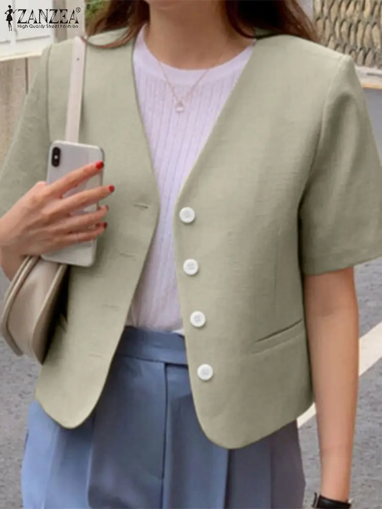 

ZANZEA Elegant Summer OL Shirt Women V Neck Short Sleeve Solid Blouse Fashion Buttons Down Blusas Casual Office Lady Tops Tunic