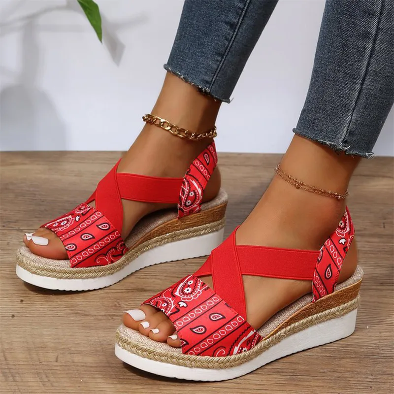 

2022 Women's Wedges Sandals Peep Toe Ladies Cross-tied Slides Thick Bottom Fashion Open Toe Female New Woman Shoes Plus Size 43