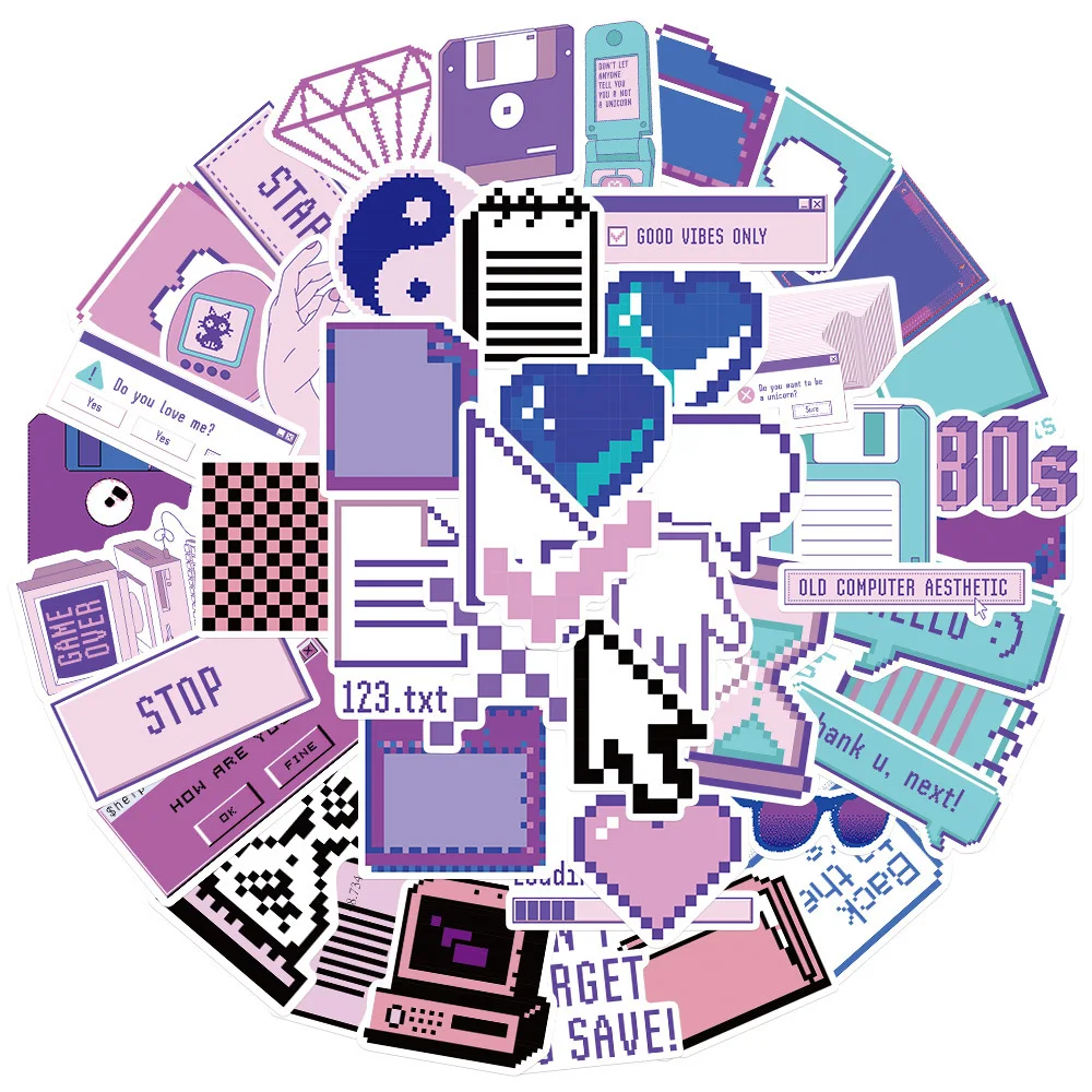 

10/30/53pcs Kawaii Purple Pixel Style Stickers DIY Skateboard Notebook Motor Phone Graffiti PVC Kids Sticker Cartoon Decals Toy