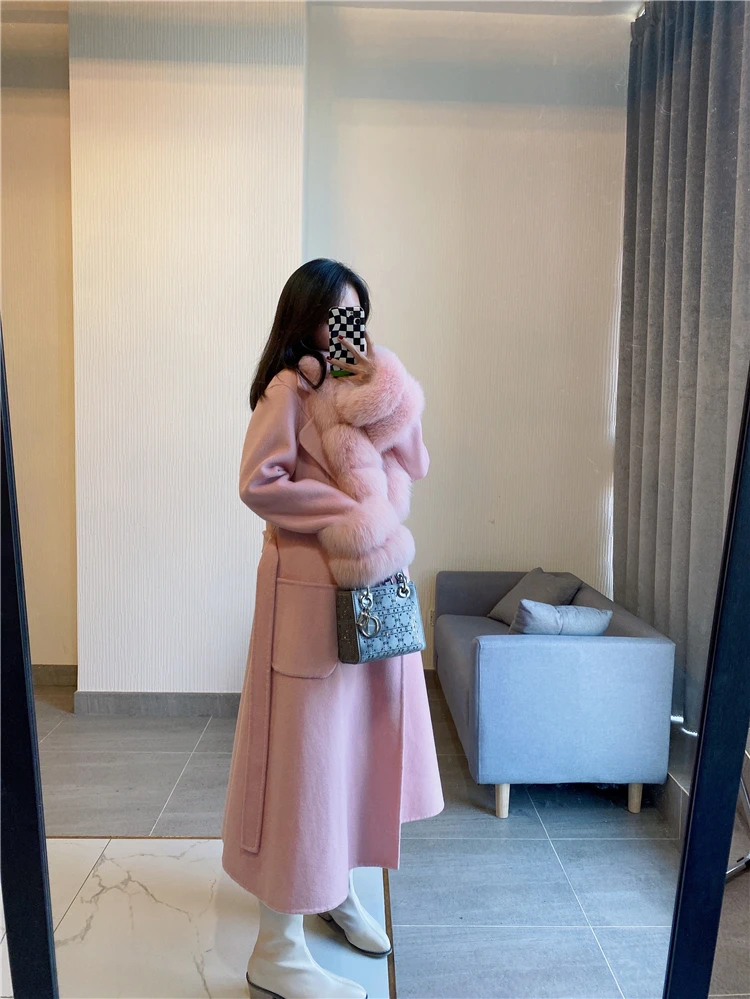 2022 Real Fur Coat Winter Jacket Women Natural Fox Fur Collar Cashmere Wool Blends Long Outerwear Ladies Streetwear