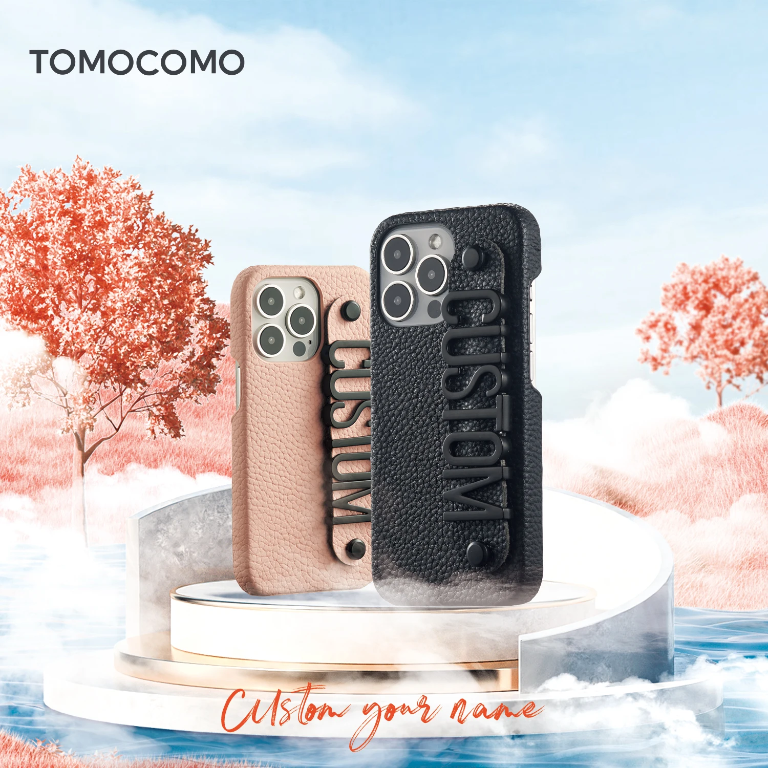

Tomocomo Leather Holding Strap Custom Name Black Big Small Metal Letter Phone Case For IPhone15 14 14ProMax 13 12 11Cellphone