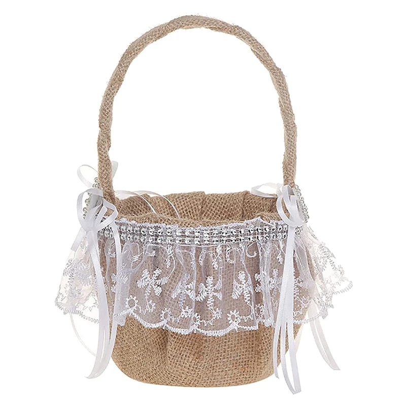 

Lace Flower Girl Basket for Wedding Rustic Burlap Wedding Flower Basket