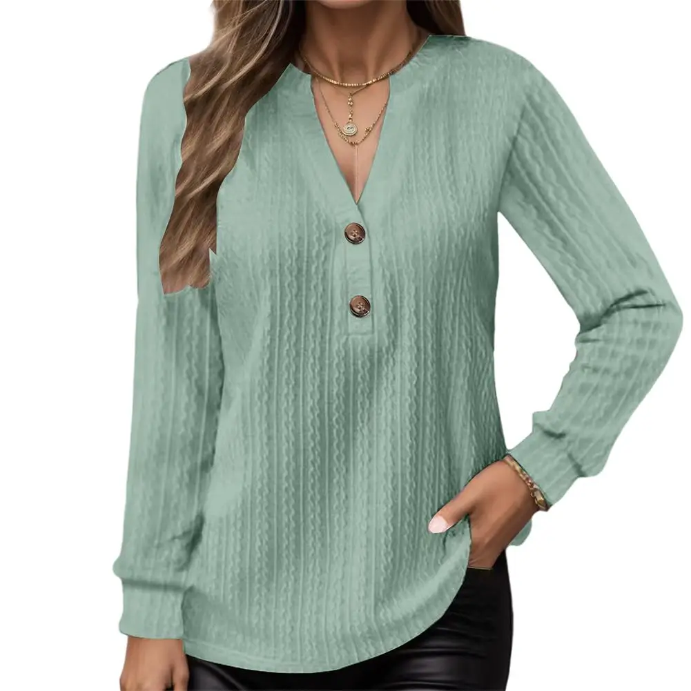 

Casual Button V Neck T-Shits Autumn Spring Long Sleeve Solid Color Work Jumper Holiday Pullover Tops T Shirt Clothing For Women