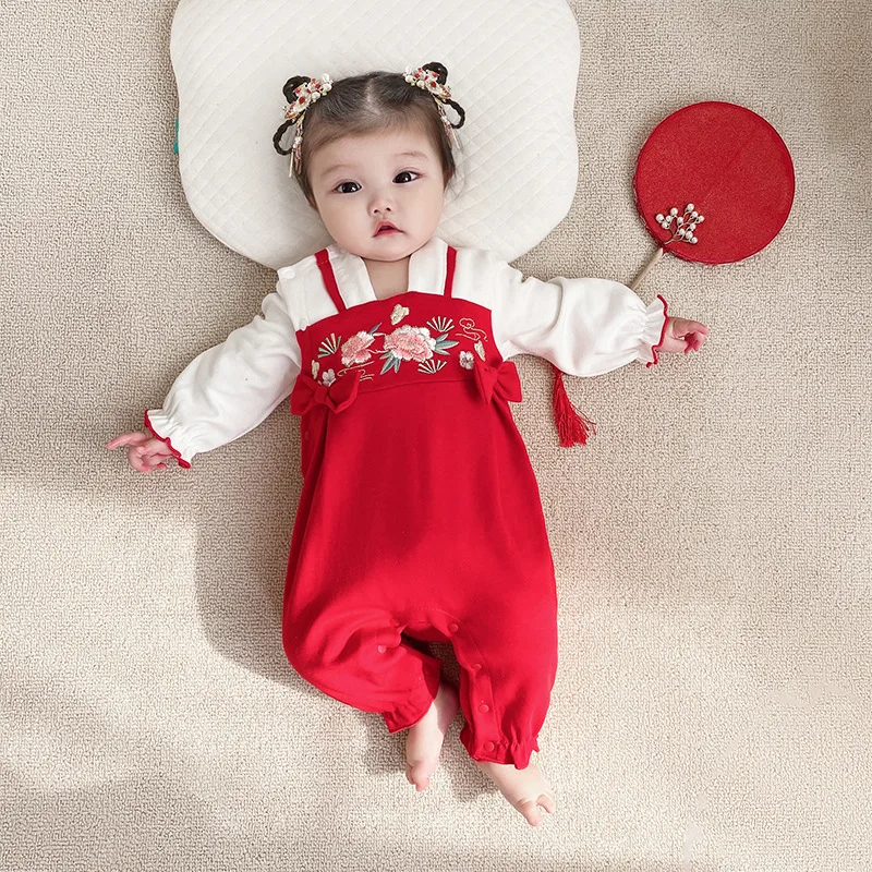 

2022 Baby And Newborn Rompers Long-sleeved Cotton Baby Girl Flower Embroidered Rompers Traditional Ethnic Elements Baby Rompers