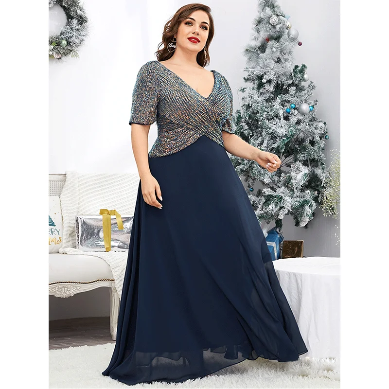 

Plus Size V Neck Short Sleeve Beaded Sequined Chiffon Evening Dress 20234XL5XL Big Size Blue Chiffon Maxi Luxury Evening Dreeses