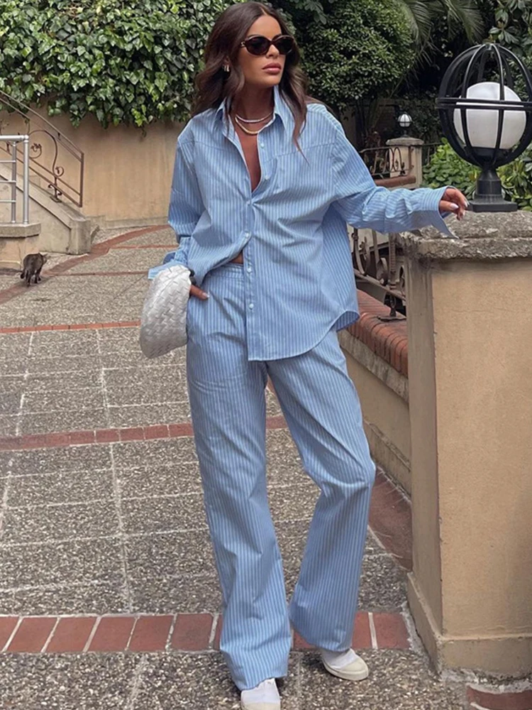 Женский Брючный комплект Aynaray из двух предметов в полоску голубая рубашка