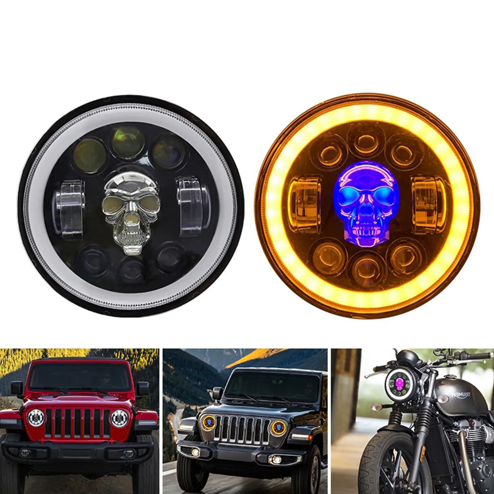 

1pcs 7" Skull LED Headlight Fit for Harley Davidson Model Car LED Running Lamp Skull Angel Eyes Colorful LED Headlights