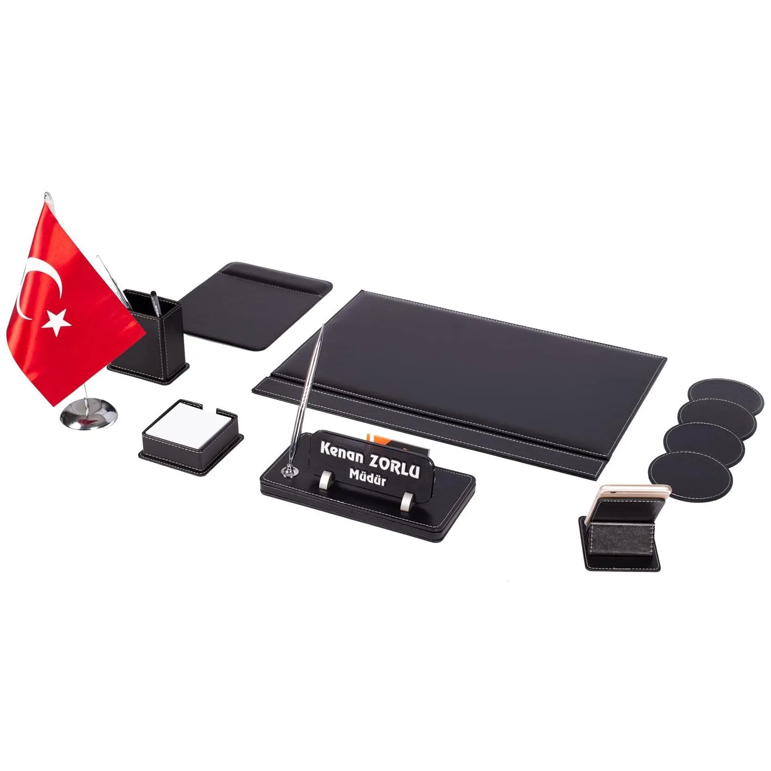 İsme Custom Flag Leather Desk Set with Elegant Apperance Table Layout Suitable For Simple Design Convenient Black İsimlik Sepeti