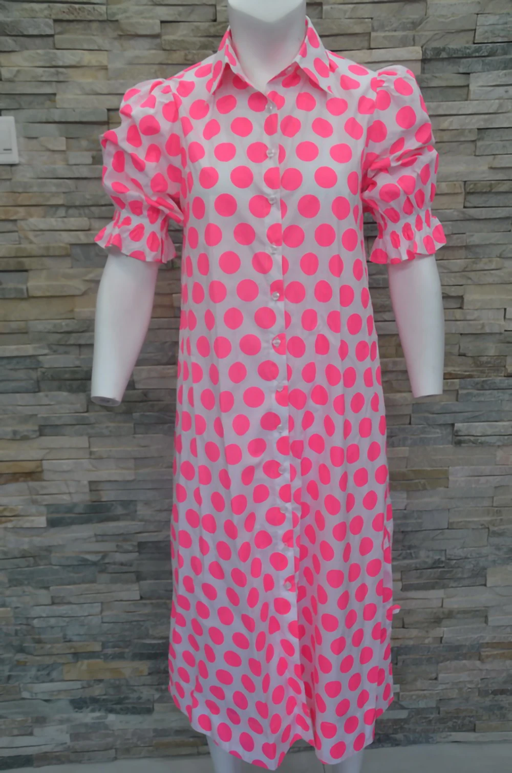

Ladies summer pink polka dots spot ruching sleeves dresses for women shirt dress