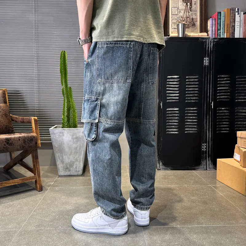 Streetwear Fashion Men Jeans Loose Fit Spliced Designer Multi Pockets Casual Denim Harem Jeans Men Hip Hop Wide Leg Pants Hombre