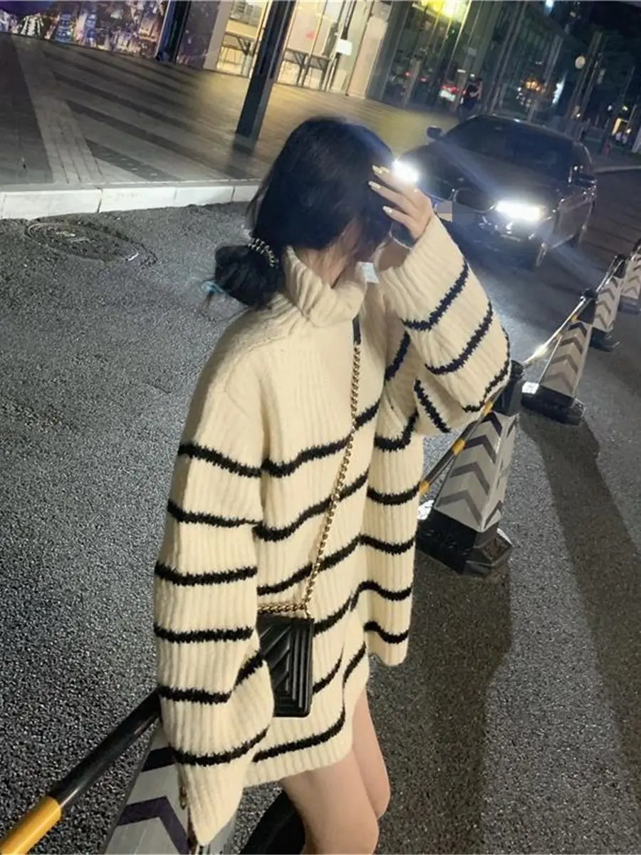 Модные полосатые топы Ulzzang Женский вязаный свитер зимняя свободная водолазка в