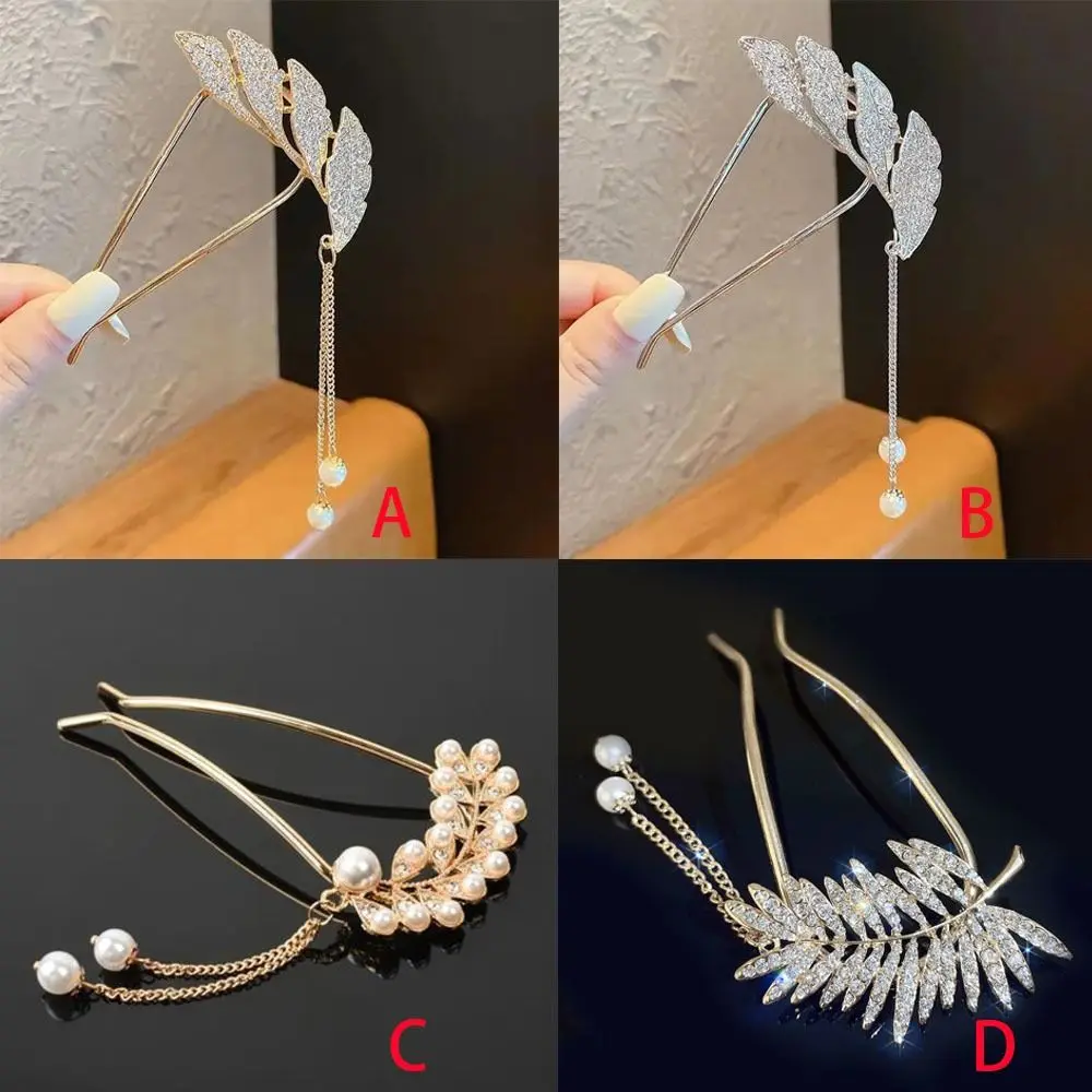 Simple U-shaped Wedding Hair Jewelry Pearl Pendant Hairpin Tassel Hair Pin Leaves Tiara Bridal Clips images - 6