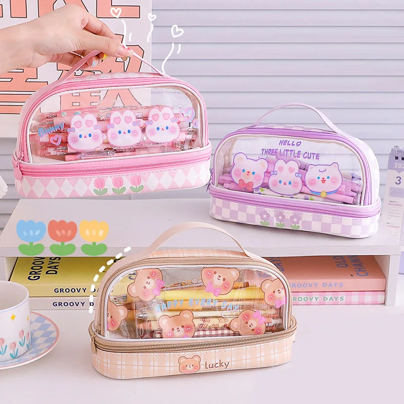 

1 Piece Ins Cute Pencil Bag Kawaii Cartoon Bear Bunny Pencil Case Double-layer Protable Stationery Storage Bag Student Supplies