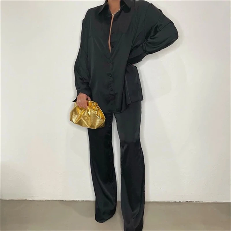 

Блестящий шелковистый атласный свободный комплект из 2 предметов, Женская однотонная однобортная рубашка с длинным рукавом, топ, брюки с ши...