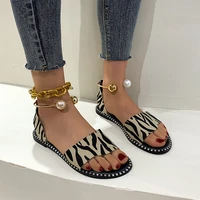 fashion ankle beaded womens sandals romanesque comfortable low heel woman sandals leopard grain shoes sapatos de mujer