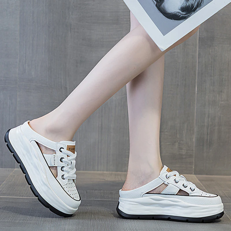 6CM Lace Rhinestone Decor Genuine Leather Slides Hollow Ladies Summer Breathable Ankle Boots Women Platform Sandals Wedge Shoes