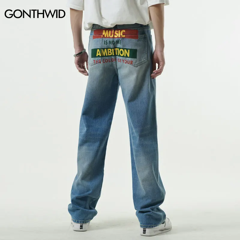 

Vintage Denim Jeans Streetwear Hip Hop Letter Print Distressed Baggy Straight Jean Pants Fashion Summer Casual Loose Trousers