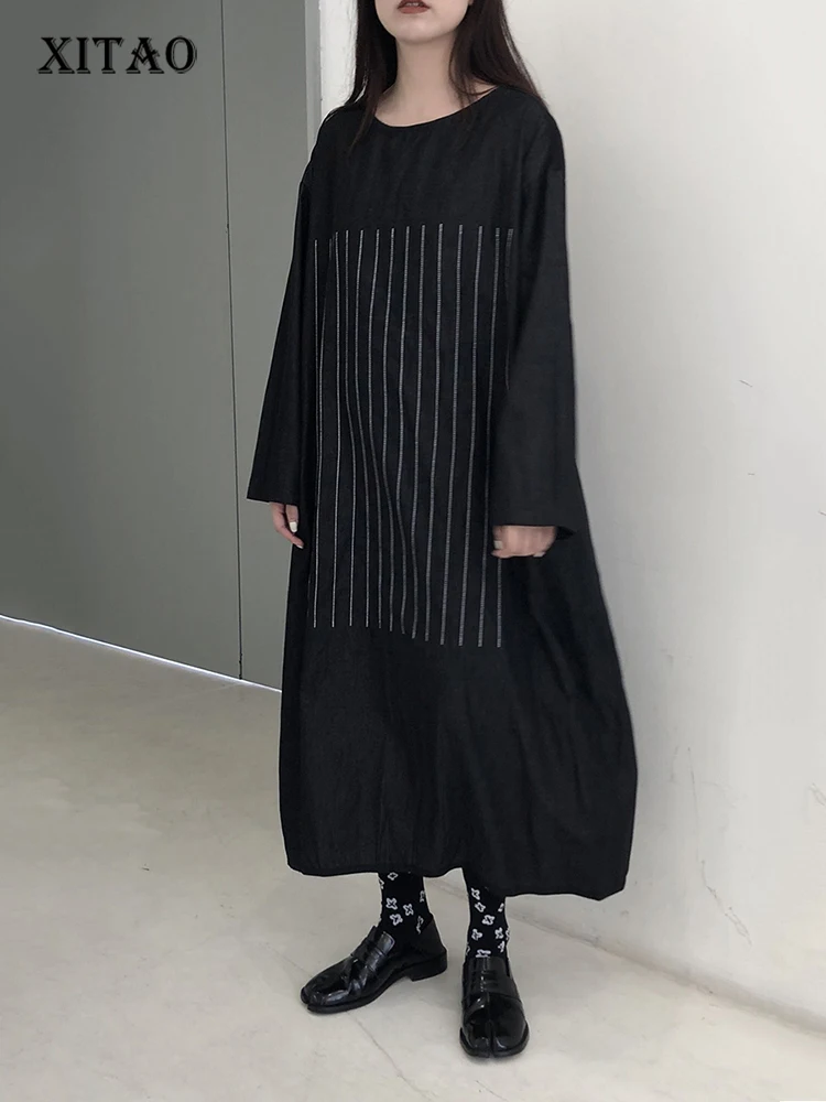 

XITAO Vintage Striped Patchwork Dress Loose Fashion Casual Simplicity Temperament O-neck Collar Pullover Women WLD15025
