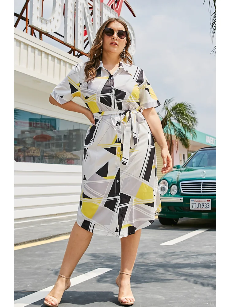 Short-sleeved plus-size women shirt skirt summer printed casual lace-up dress plus size feminino