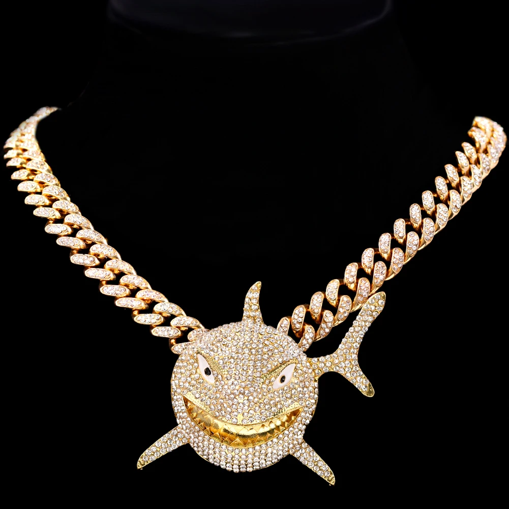 

Bling Iced Out Rhinestone Shark Pendant Necklace for Women Men Bling Crystal Miami Cuban Link Chain Necklace Hip Hop Jewelry