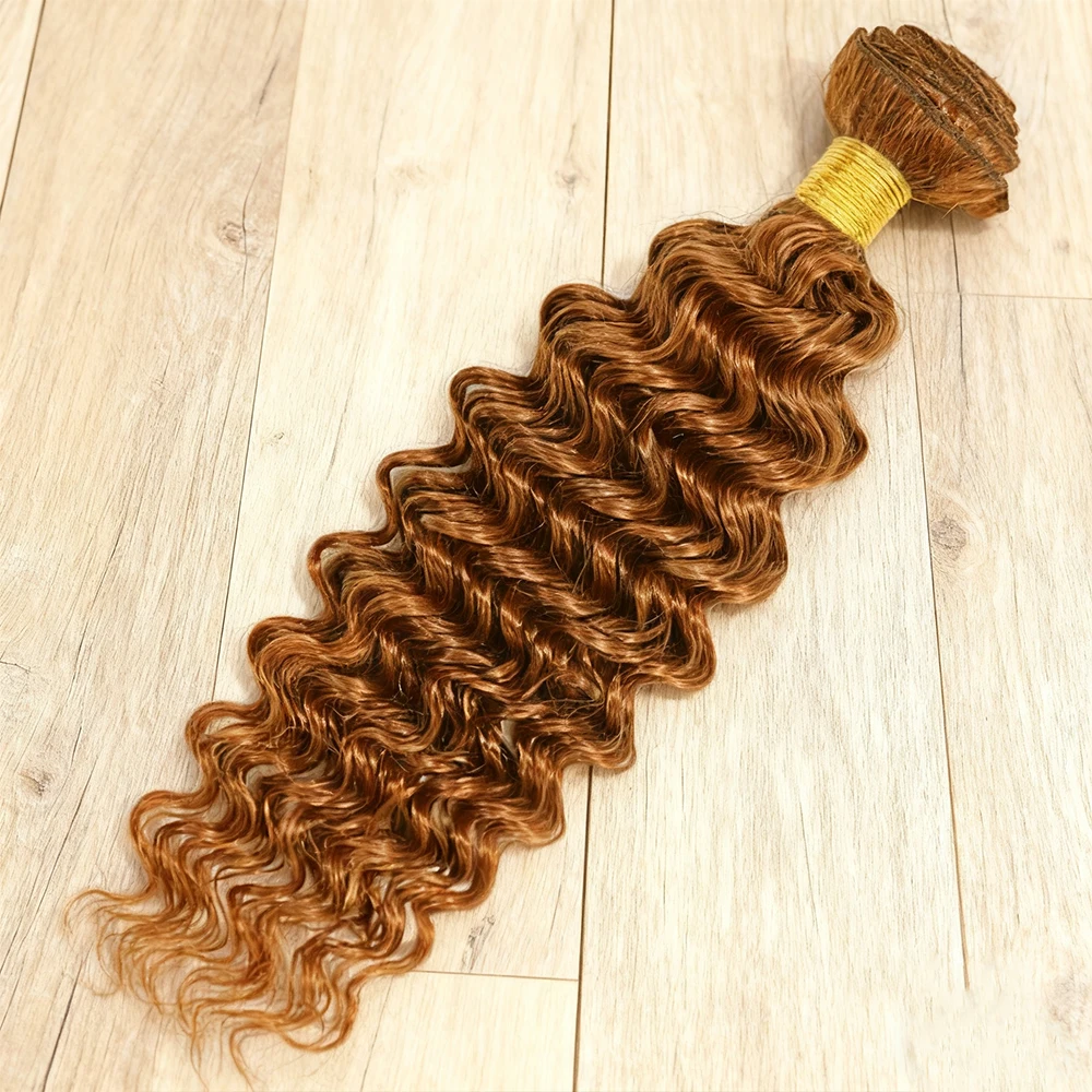 Color #30 Brown Deep Wave Human Hair Bundles Light Brown Kinky Curly Bundles Human Hair 10-30 Inch Brazilian Virgin Hair Extensi