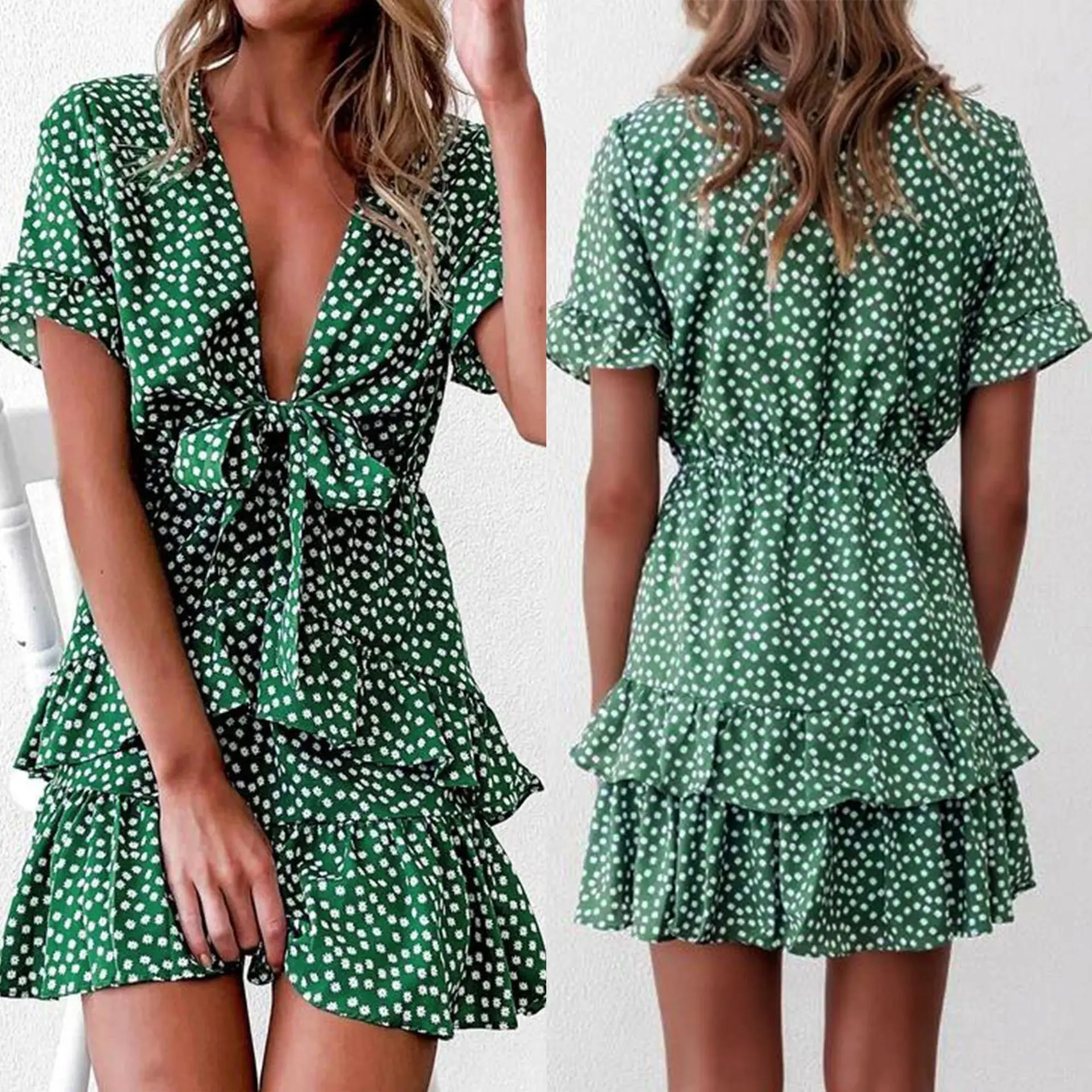 

2022 New Women Polka Dot Mini Summer Boho Ruffled Dress Front Lace-up Knot V-Neck Beach Sundress Elegant Lady A-Line Dress
