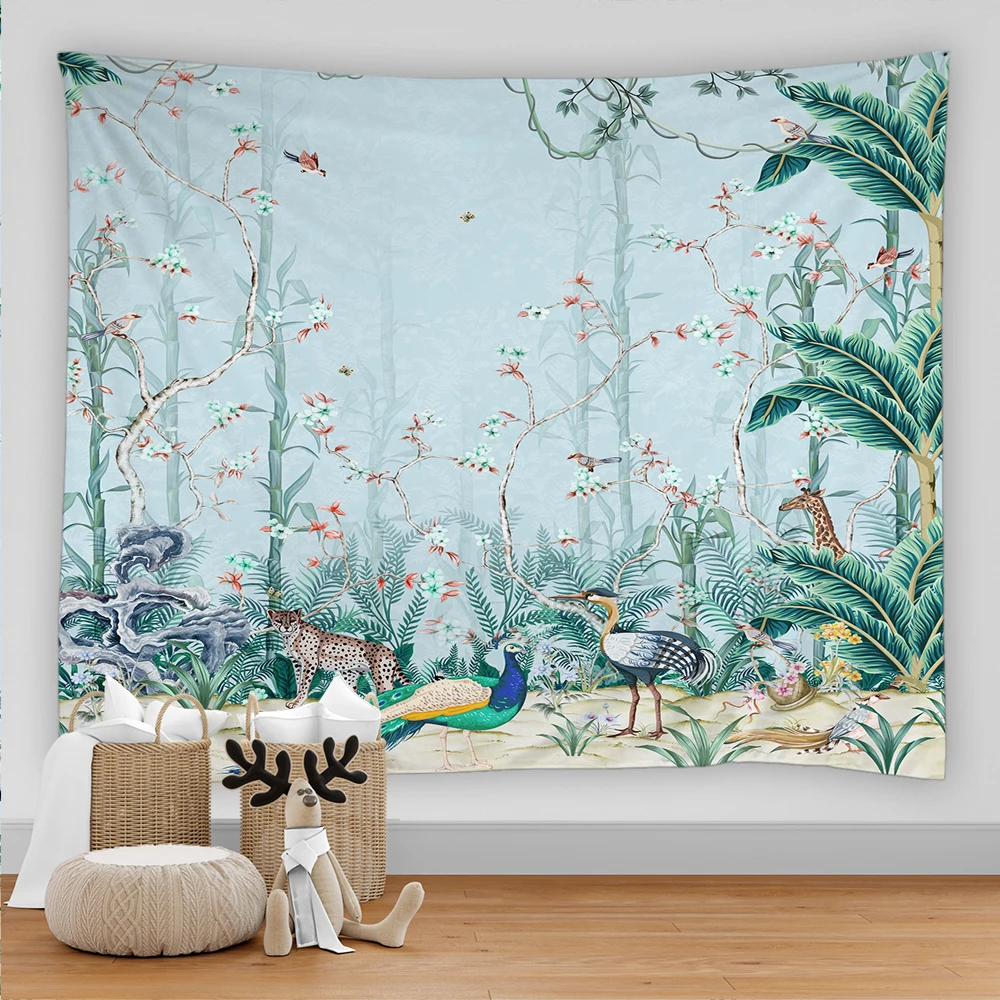 

Cartoon Forest Tapestry Flowers Green Plant and Birds Landscape Wall Hanging Art Aesthetic Living Room Wall Canvas Home Decor