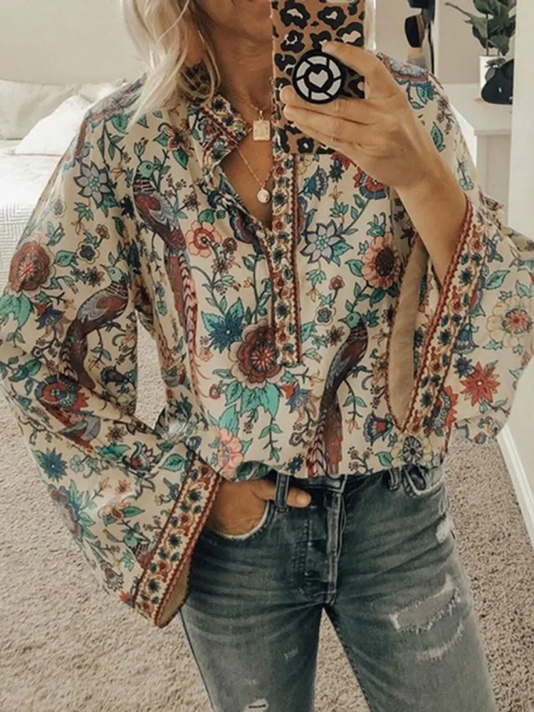 

Women Print Blouses Casual Loose Tops Stand V Neck Long Sleeves Button Pullover Spring Autumn Female Tee Shirts Blouse