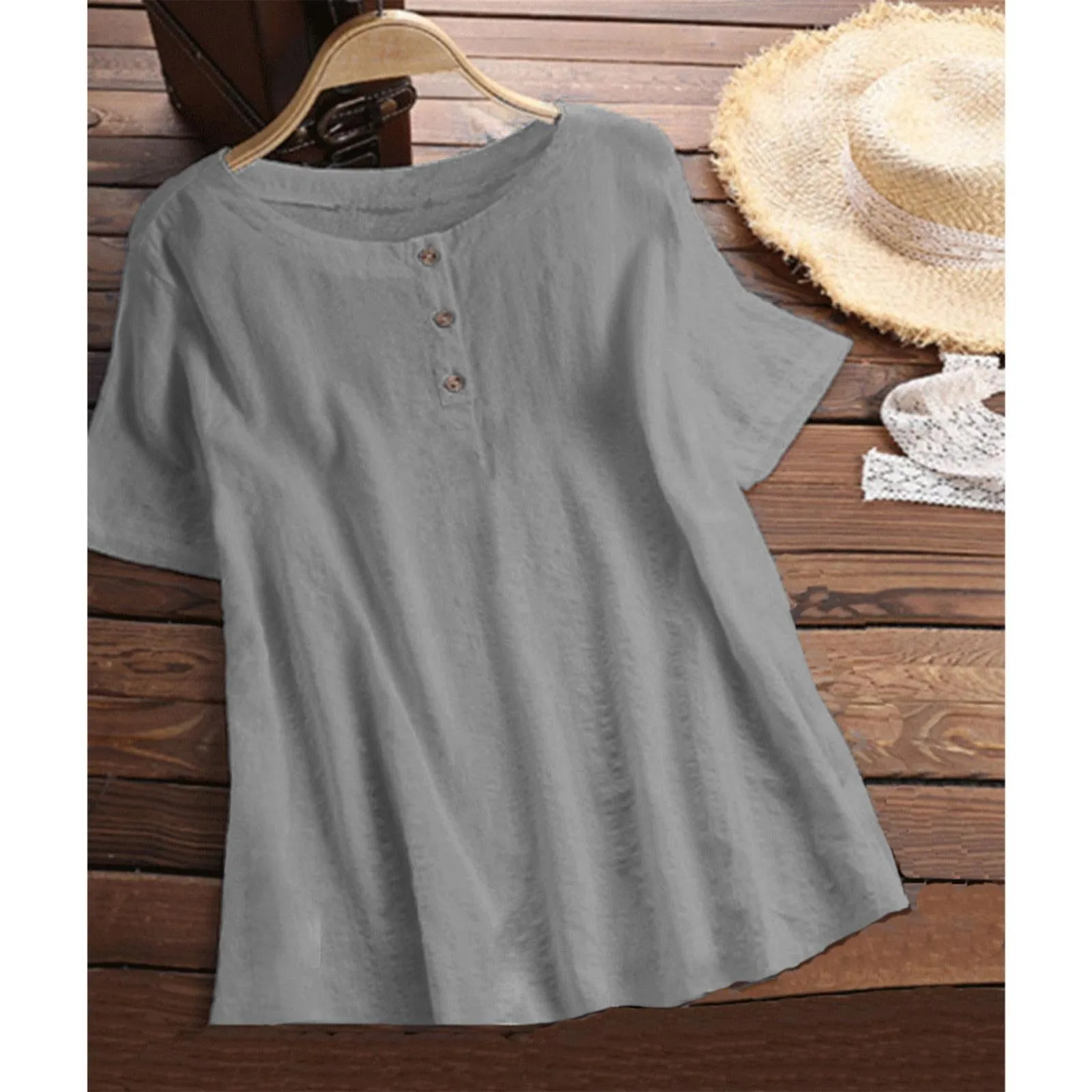 

Cotton Linen Blouse Women's 2023 Summer Short Sleeve Kaftan Baggy Button Cotton Solid Casual Tunic Top Ladies Plus Size Blouse