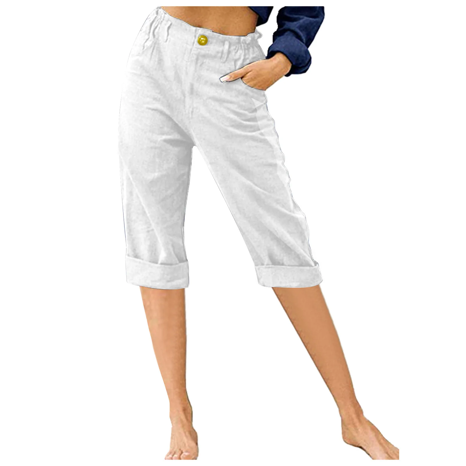 

Women Ladies Cotton Linen Pants Summer Fashion Pockets Button Loose Long Pants Ladies Casual High Waist Trousers Female Capris