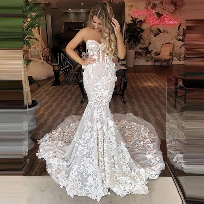 

Mermaid Wedding Dress Sweetheart Appliques Flowers Lace Boho Wedding Gowns Sexy Long Bridal Wedding Dress Vestidos de novia