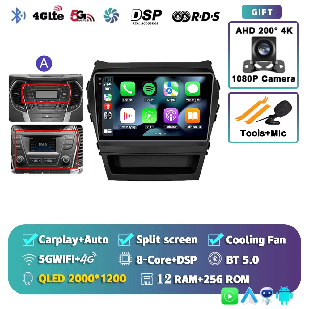 

Для Hyundai Santa Fe 3 2013-2016 Android 15 2K QLED Автомобильный радиоприемник Мультимедийный видеоплеер GPS стерео CarPlay Головное устройство 4G WIFI