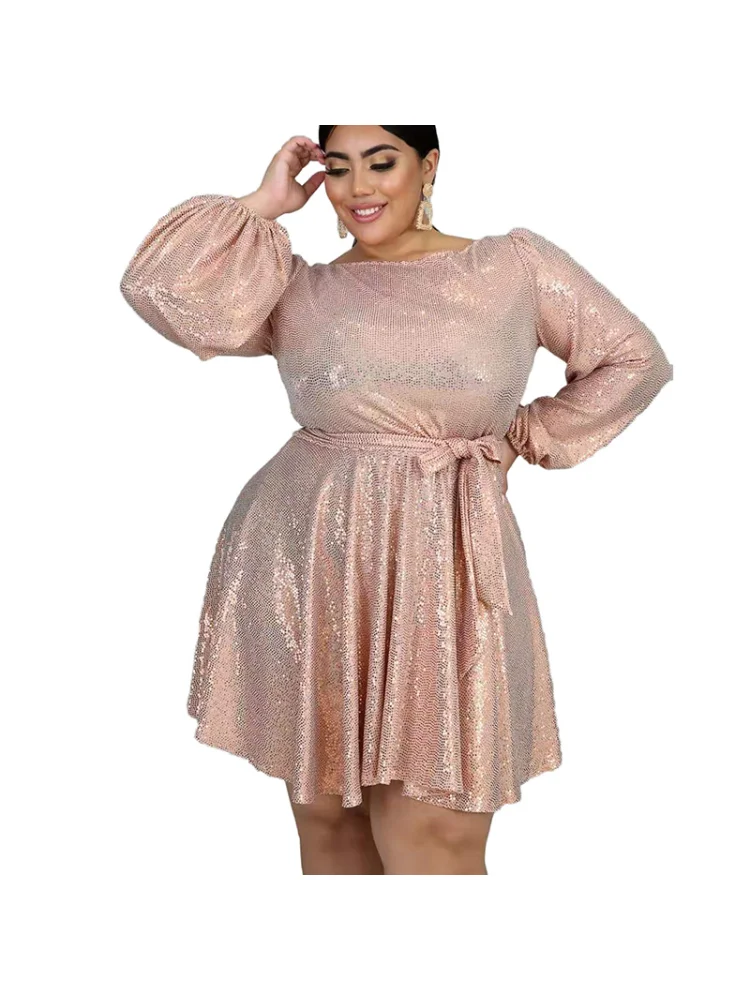 Plus Size Dress Evening Party Dresses for Women O-Neck Long Sleeve Dresses for Women  Slim Fit  Above Knee Mini Sequin Ball Gown