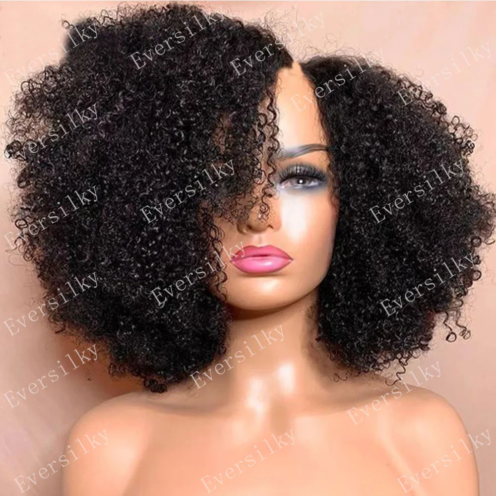 

100% Human Hair Glueless Afro Kinky Curly V Part Wigs Side Part Afro 4a 4b 4c Deep Curl Full Machine Upart Shape Wig 250Density