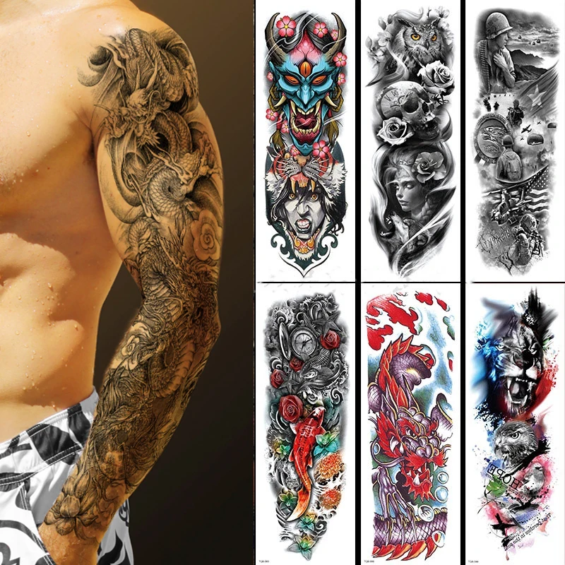 Большой рукав-наклейка с татуировкой Лев корона король роза водостойкая