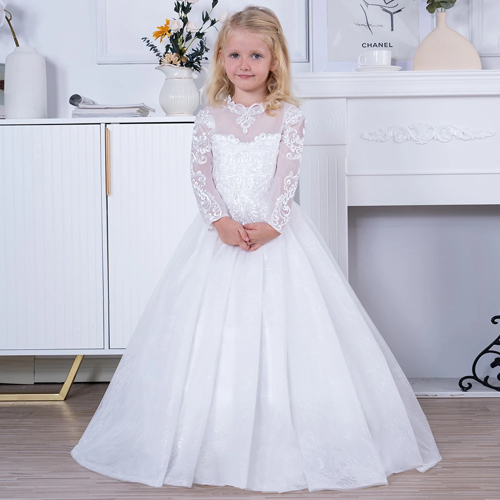 

Princess Flower Girl Dresses Ball Gown Kids Wedding Party Pageant First Communion Gown Lace with Big Bow Long Sleeves