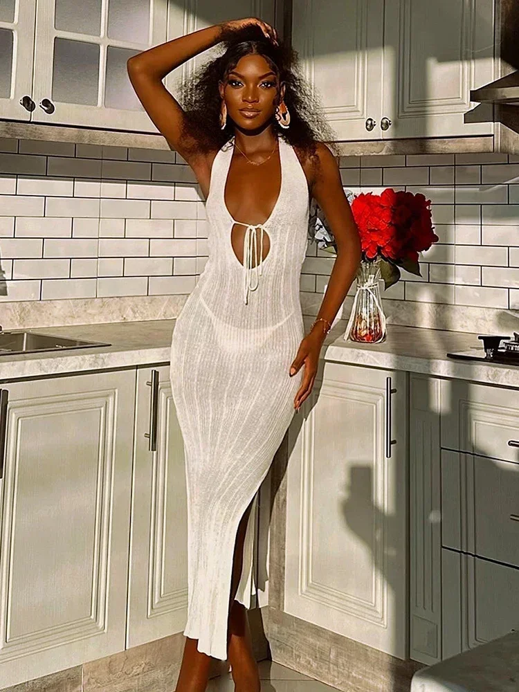 Лето 2022 новое сексуальное белое вязаное платье с открытой спиной и вырезом на шее